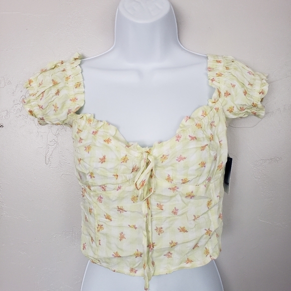 Abound NWT Women's Small Yellow White Plaid Floral Crop Top Off the Shoulder - Picture 1 of 7